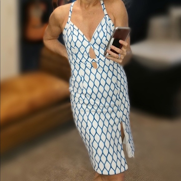 NBD Turquoise and white cross back halter dress M - Picture 1 of 2